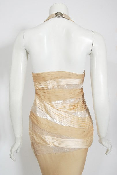 2006 Versace Champagne Sequin Silk Hourglass Runway Finale Gown