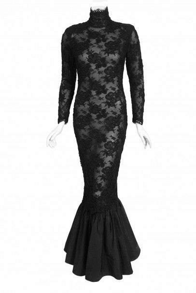 1987 Calvin Klein Documented Sheer Black Lace Hourglass Mermaid Gown - Timeless Vixen 1987 Calvin Klein Documented Sheer Black Lace Hourglass Mermaid Gown - Timeless Vixen