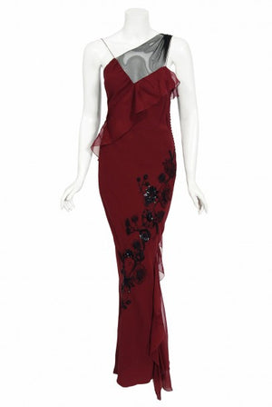 2006 Christian Dior by John Galliano Beaded Burgundy Silk Bias-Cut Gown