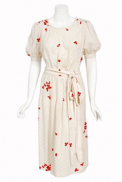 1978 Yves Saint Laurent Haute Couture Ivory Red Print Silk Dress &amp; Shawl