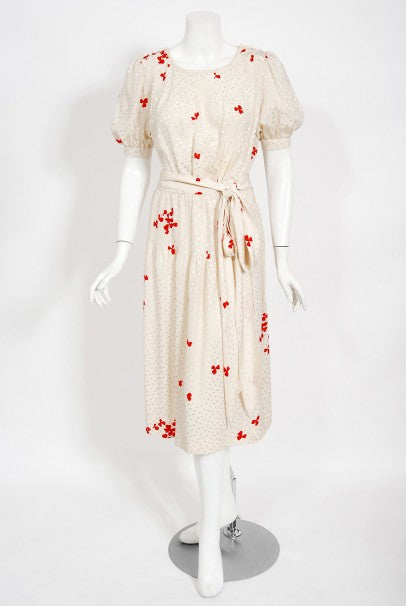 1978 Yves Saint Laurent Haute Couture Ivory Red Print Silk Dress & Shawl