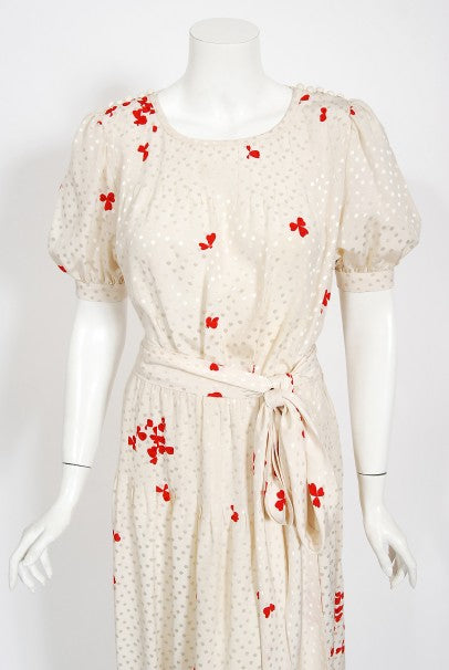 1978 Yves Saint Laurent Haute Couture Ivory Red Print Silk Dress &amp; Shawl