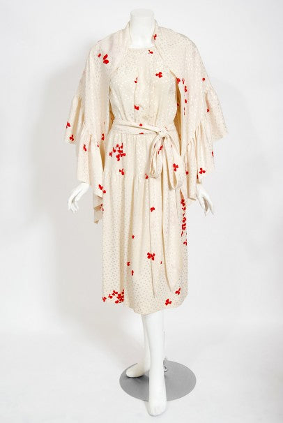vintage ysl dress 1978 Yves Saint Laurent Haute Couture Ivory Red Print Silk Dress & Sha