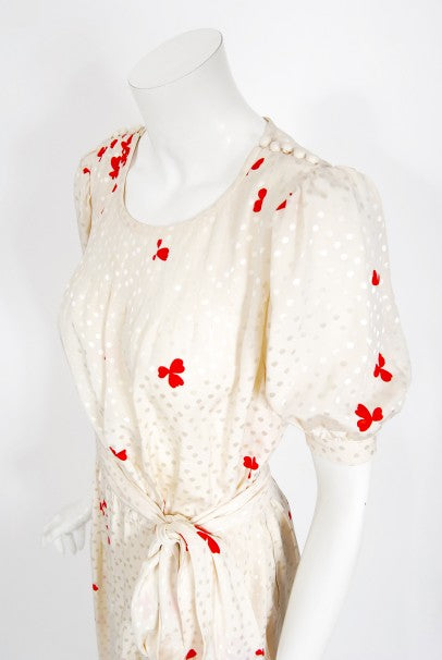 1978 Yves Saint Laurent Haute Couture Ivory Red Print Silk Dress &amp; Shawl