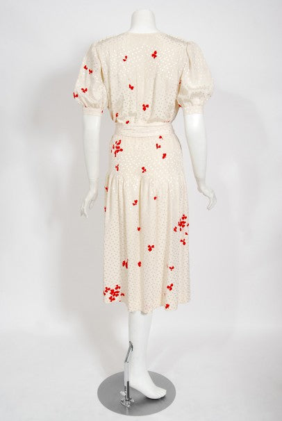 1978 Yves Saint Laurent Haute Couture Ivory Red Print Silk Dress &amp; Shawl