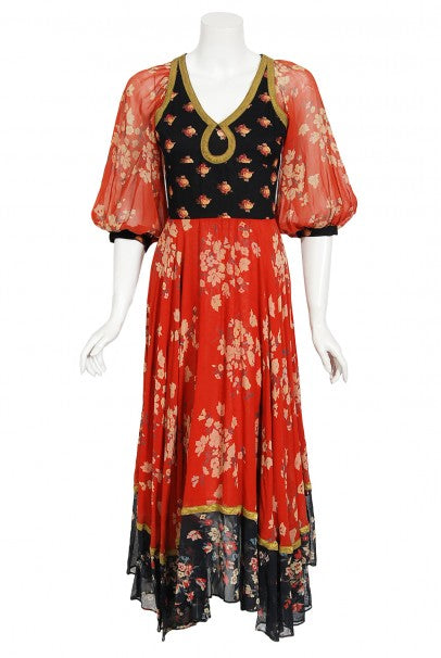 1971 Thea Porter Documented Black & Red Floral Print Cotton 'Gipsy' Dress