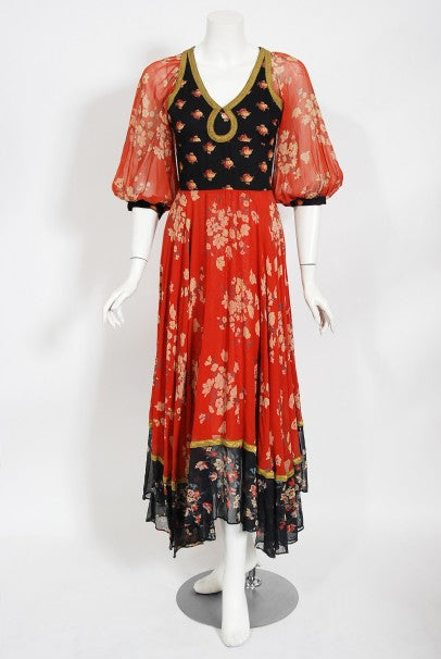 1971 Thea Porter Documented Black & Red Floral Print Cotton 'Gipsy' Dress