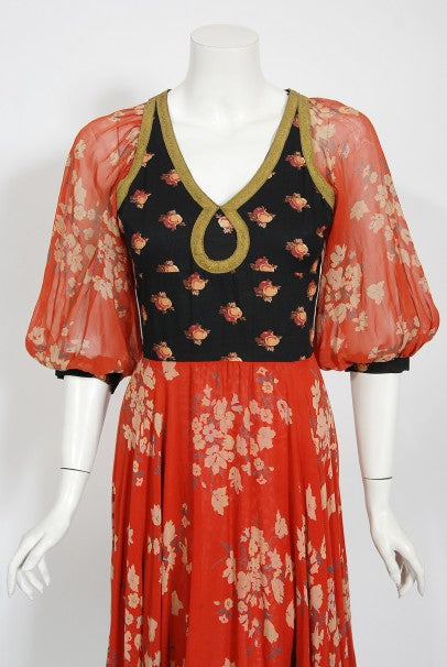 1971 Thea Porter Documented Black & Red Floral Print Cotton 'Gipsy' Dress