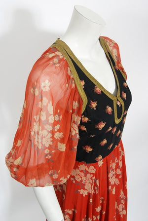 1971 Thea Porter Documented Black & Red Floral Print Cotton 'Gipsy' Dress