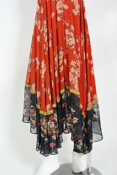 1971 Thea Porter Documented Black & Red Floral Print Cotton 'Gipsy' Dress