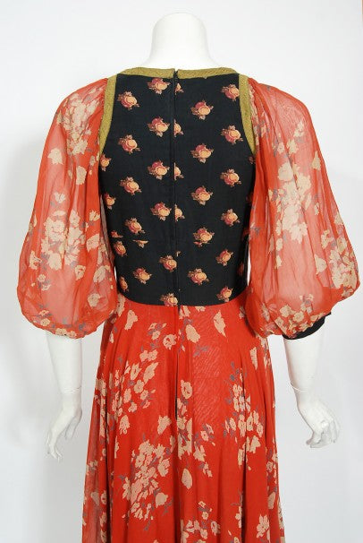 1971 Thea Porter Documented Black & Red Floral Print Cotton 'Gipsy' Dress