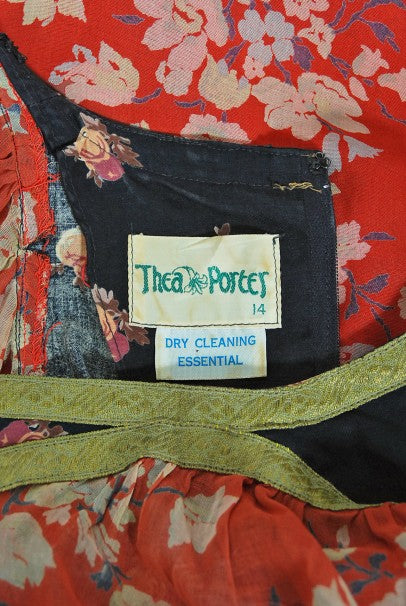 1971 Thea Porter Documented Black & Red Floral Print Cotton 'Gipsy' Dress