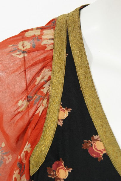 1971 Thea Porter Documented Black & Red Floral Print Cotton 'Gipsy' Dress