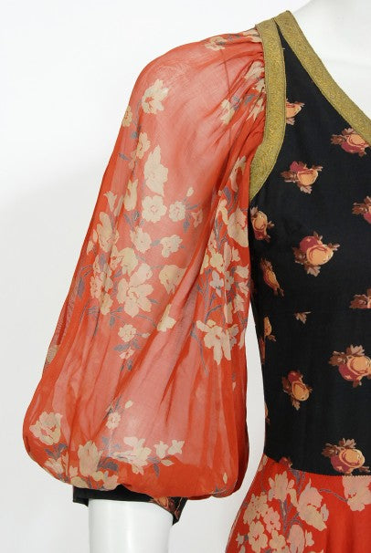 1971 Thea Porter Documented Black & Red Floral Print Cotton 'Gipsy' Dress