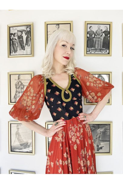 1971 Thea Porter Documented Black & Red Floral Print Cotton 'Gipsy' Dress