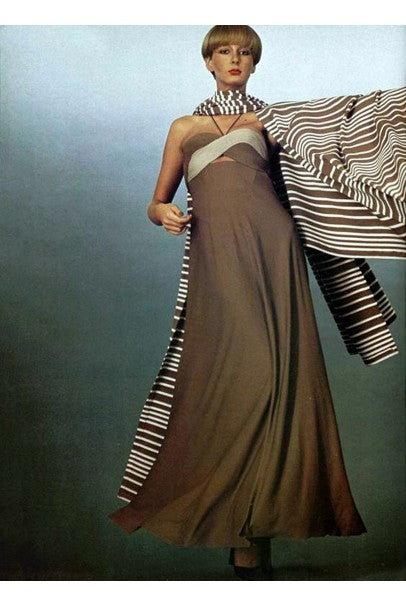 1975 Madame Grès Haute Couture Mocha Pleated Silk Cut-Out Gown