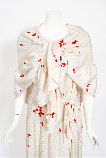 1978 Yves Saint Laurent Haute Couture Ivory Red Print Silk