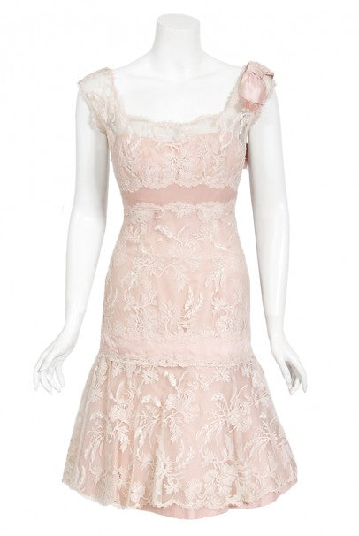 1950&#39;s Harvey Berin Pale-Pink Lace Illusion &amp; Silk Flounce Cocktail Dress