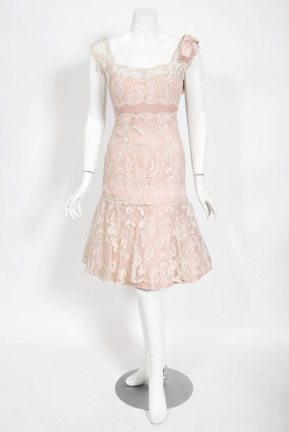 1950's Harvey Berin Pale-Pink Lace Illusion & Silk Flounce Cocktail Dress