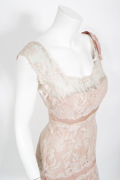 1950&#39;s Harvey Berin Pale-Pink Lace Illusion &amp; Silk Flounce Cocktail Dress