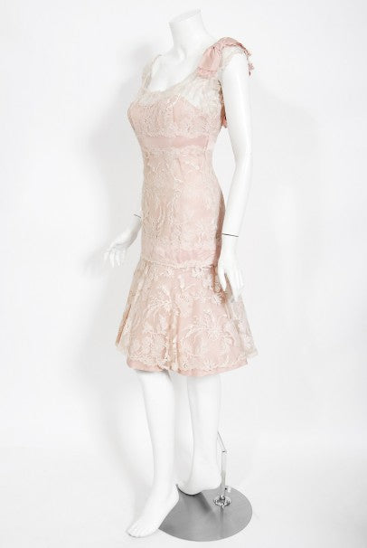 1950&#39;s Harvey Berin Pale-Pink Lace Illusion &amp; Silk Flounce Cocktail Dress