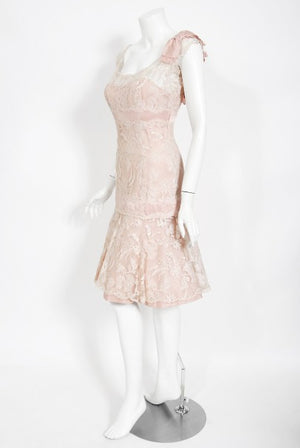 1950's Harvey Berin Pale-Pink Lace Illusion & Silk Flounce Cocktail Dress