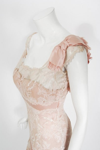 1950&#39;s Harvey Berin Pale-Pink Lace Illusion &amp; Silk Flounce Cocktail Dress