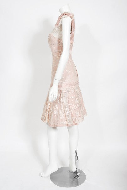 1950&#39;s Harvey Berin Pale-Pink Lace Illusion &amp; Silk Flounce Cocktail Dress