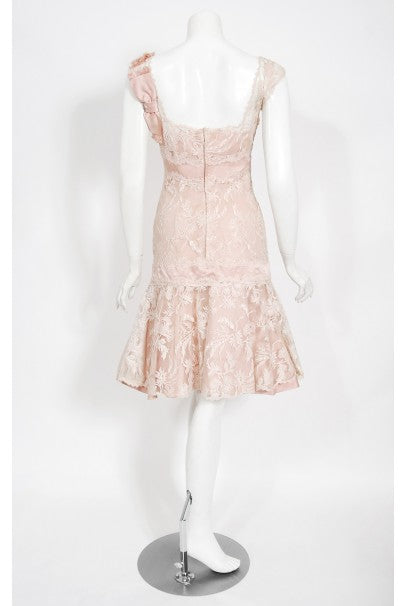 1950&#39;s Harvey Berin Pale-Pink Lace Illusion &amp; Silk Flounce Cocktail Dress