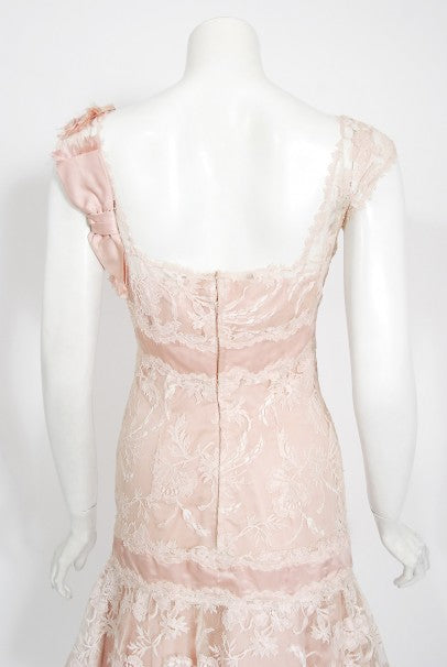 1950's Harvey Berin Pale-Pink Lace Illusion & Silk Flounce Cocktail Dr -  Timeless Vixen