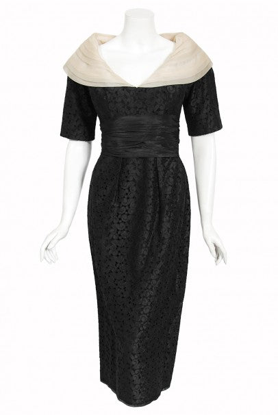1950&#39;s Oleg Cassini Black Embroidered Silk Cutwork Portrait-Collar Dress