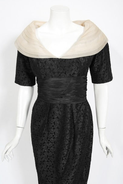 1950&#39;s Oleg Cassini Black Embroidered Silk Cutwork Portrait-Collar Dress