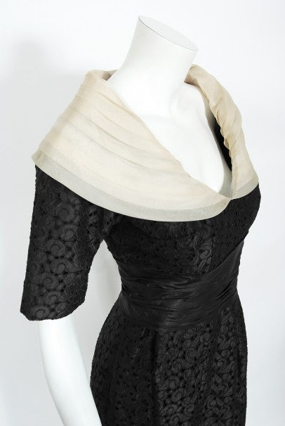 1950&#39;s Oleg Cassini Black Embroidered Silk Cutwork Portrait-Collar Dress