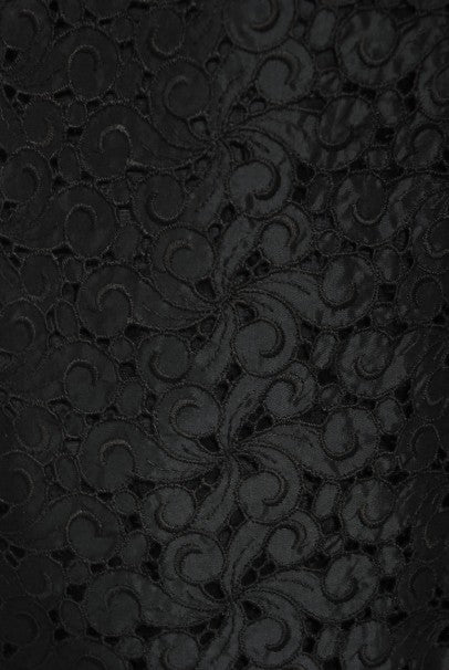 1950&#39;s Oleg Cassini Black Embroidered Silk Cutwork Portrait-Collar Dress