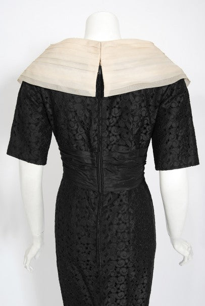 1950&#39;s Oleg Cassini Black Embroidered Silk Cutwork Portrait-Collar Dress