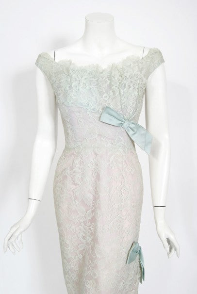 1958 Ceil Chapman Baby-Blue Lace Documented Hourglass Bow Cocktail Dress