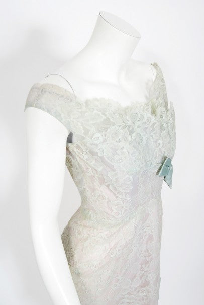 1958 Ceil Chapman Baby-Blue Lace Documented Hourglass Bow Cocktail Dress