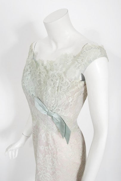 1958 Ceil Chapman Baby-Blue Lace Documented Hourglass Bow Cocktail Dress
