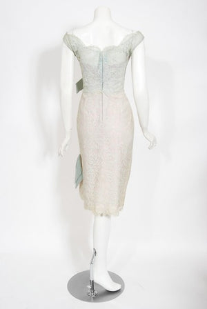 1958 Ceil Chapman Baby-Blue Lace Documented Hourglass Bow Cocktail Dress