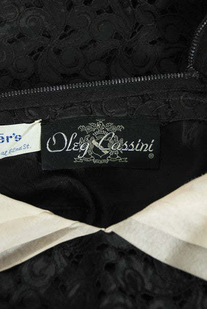 1950&#39;s Oleg Cassini Black Embroidered Silk Cutwork Portrait-Collar Dress
