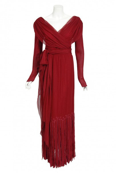 1970&#39;s Sant&#39; Angelo Burgundy Draped Chiffon Bodysuit &amp; Fringed Maxi Skirt