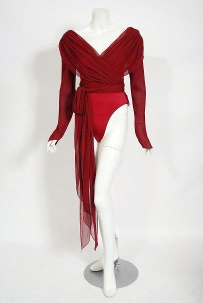 1970&#39;s Sant&#39; Angelo Burgundy Draped Chiffon Bodysuit &amp; Fringed Maxi Skirt