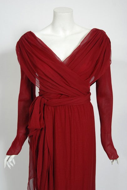 1970&#39;s Sant&#39; Angelo Burgundy Draped Chiffon Bodysuit &amp; Fringed Maxi Skirt