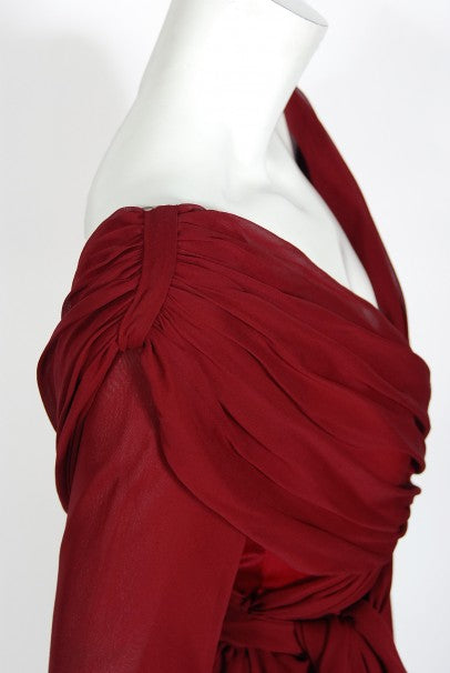 1970&#39;s Sant&#39; Angelo Burgundy Draped Chiffon Bodysuit &amp; Fringed Maxi Skirt