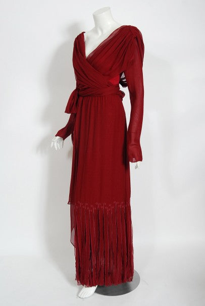 1970&#39;s Sant&#39; Angelo Burgundy Draped Chiffon Bodysuit &amp; Fringed Maxi Skirt