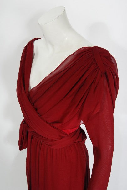 1970&#39;s Sant&#39; Angelo Burgundy Draped Chiffon Bodysuit &amp; Fringed Maxi Skirt
