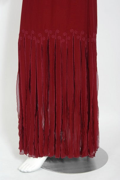 1970&#39;s Sant&#39; Angelo Burgundy Draped Chiffon Bodysuit &amp; Fringed Maxi Skirt