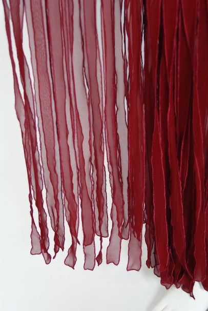 1970&#39;s Sant&#39; Angelo Burgundy Draped Chiffon Bodysuit &amp; Fringed Maxi Skirt