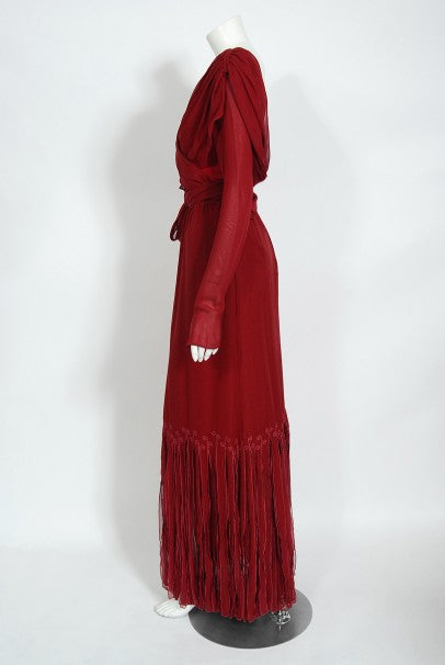 1970&#39;s Sant&#39; Angelo Burgundy Draped Chiffon Bodysuit &amp; Fringed Maxi Skirt