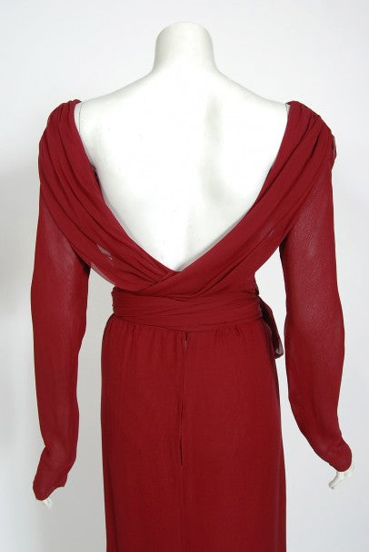 1970&#39;s Sant&#39; Angelo Burgundy Draped Chiffon Bodysuit &amp; Fringed Maxi Skirt